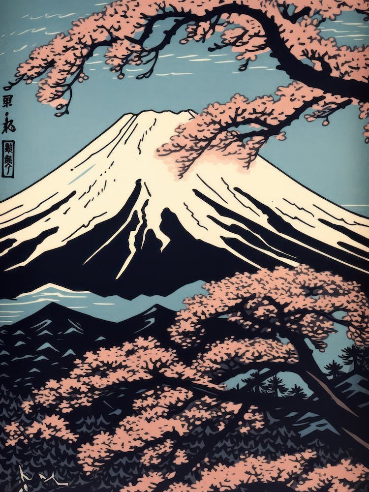 Mount Fuji Japan Linocut Illustration Style 4