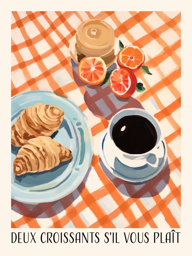 DEUX CROISSANTS S'IL VOUS PLAÎT. Vintage Gouache Breakfast with Quote Kitchen