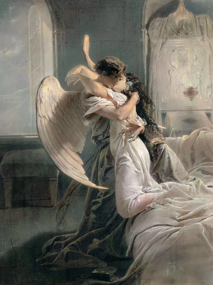 Mihály Von Zichy - Romantic Encounter (1864) Psyche Cupid - Hungarian Artist Oil Painting 'The Kiss' Renaissance Valentines The Lovers Ancient Vintage Dark Aesthetic Beautiful Angel in Love With Human Mythology Artwork Remastered HD