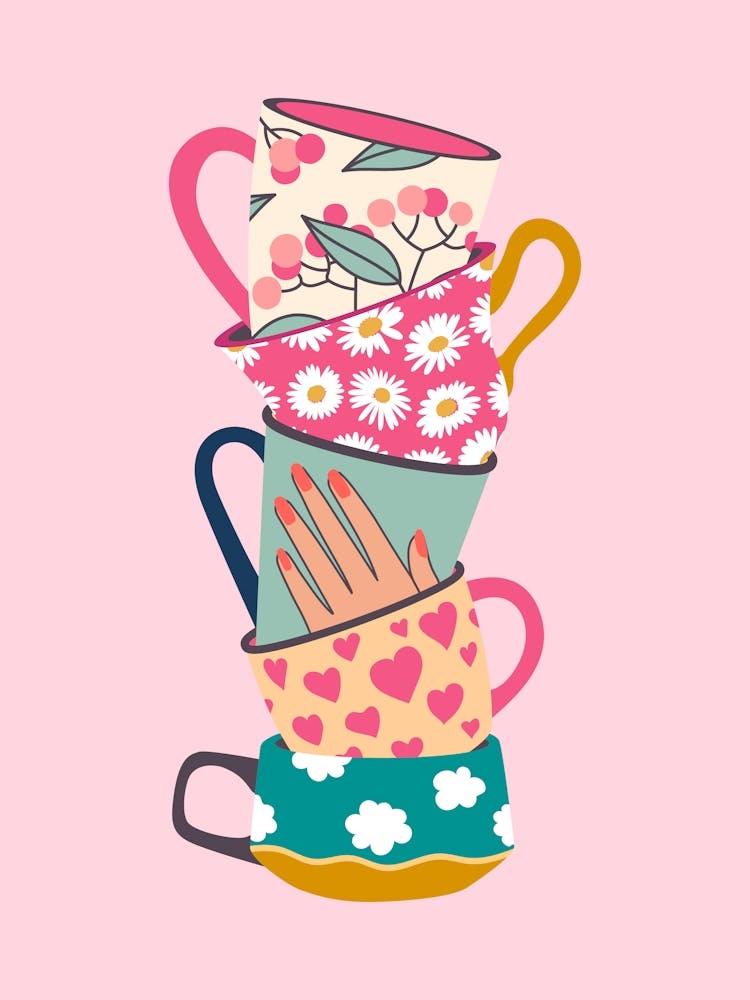 Pink Floral Stacked Teacups Kitchen