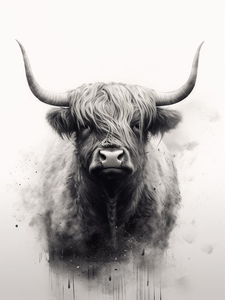 Black & White Ink Painting Of Highland Cow 4