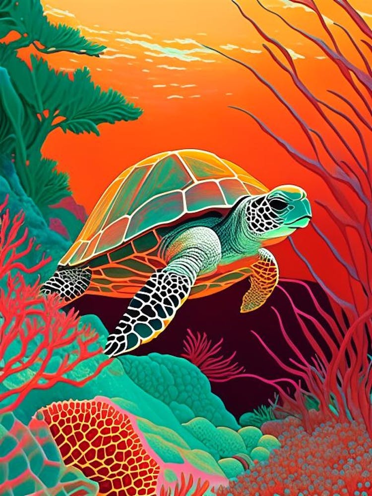 A Single Sea Turtle In Coral Reef, Sea Turtle Retro Illustration 1