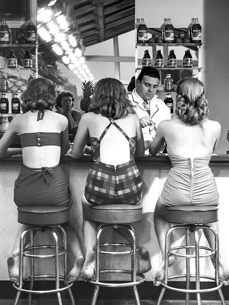 Girls At The Bar, Bar Cart Decor, Vintage Black and White Old Photo