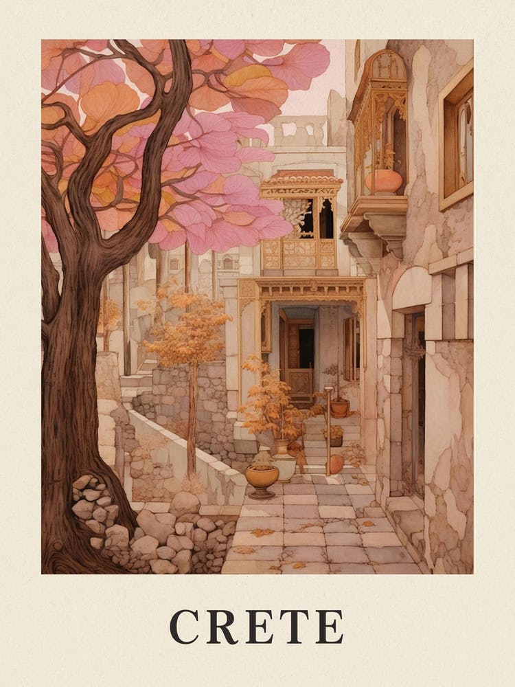 Crete Greece 1 Vintage Pink Travel Illustration Poster