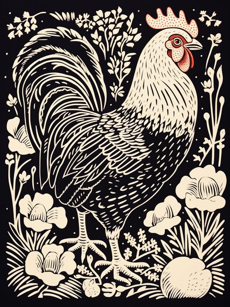 B&W Bird Linocut Chicken 3