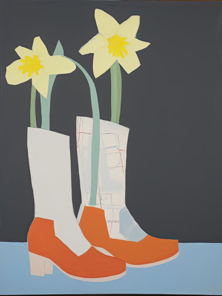 A Painting Of Cowboy Boots With Daffodil Flowers, Pop Art Style 5
