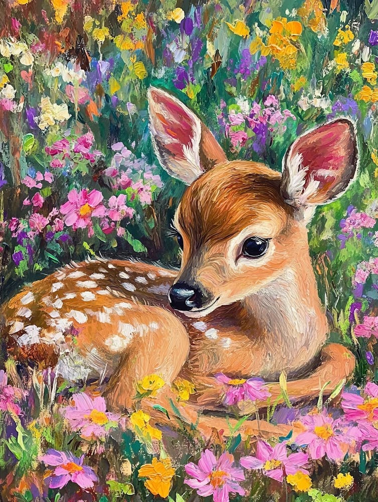 Young Deer In Wild Landscape With Spring Or Summer Colorful Flowers 1