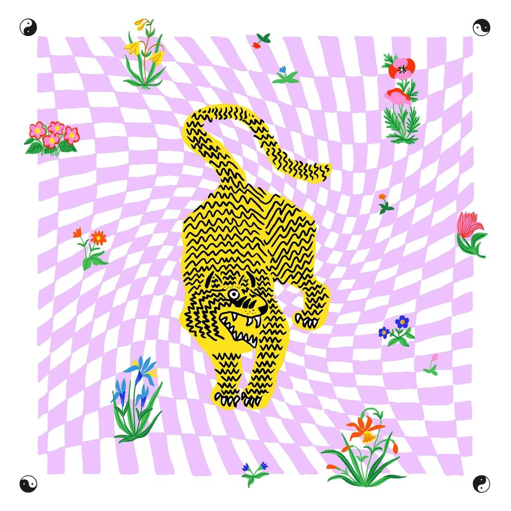 Tiger Flowers Checkerboard Square