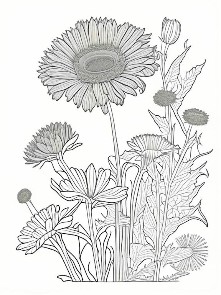 Calendula Herb William Morris Inspired Line Drawing 2
