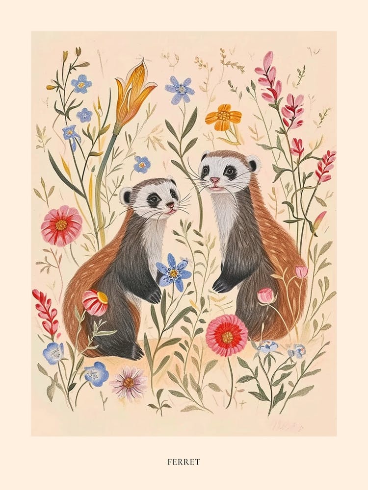 Folksy Floral Animal Drawing Ferret Poster