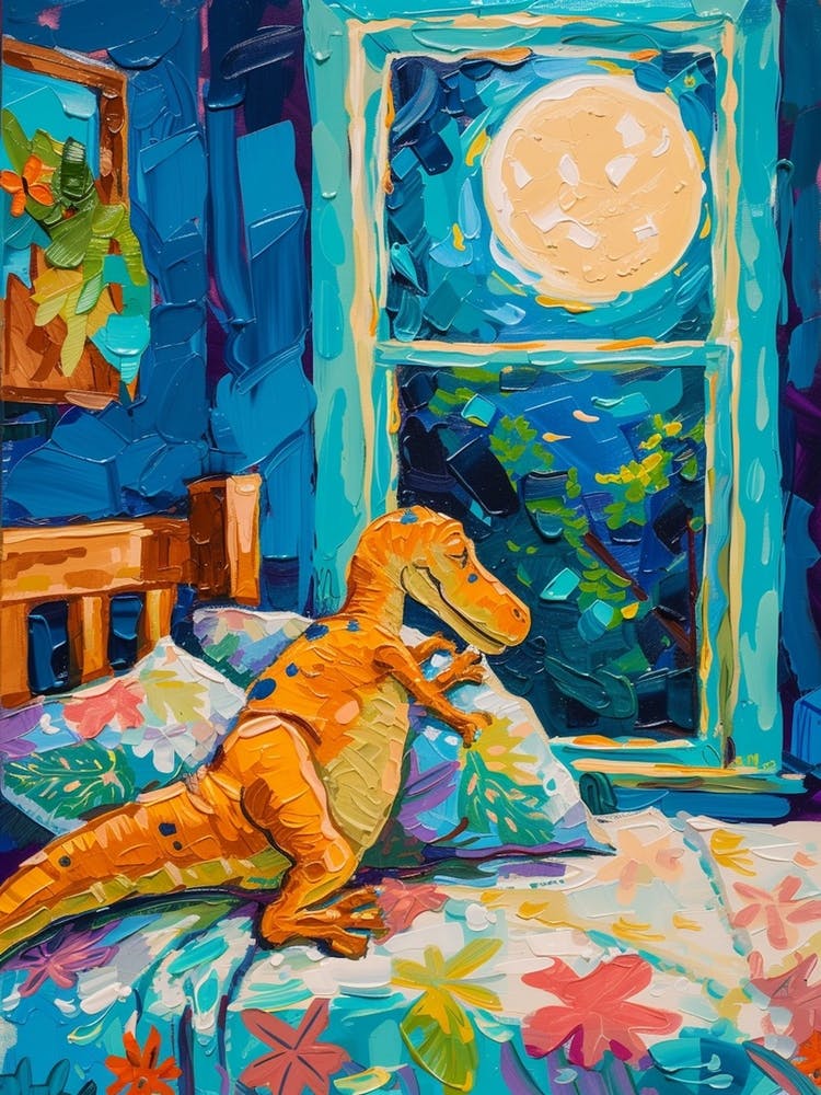 Dinosaur In Bed With Blue Moon Brushstrokes