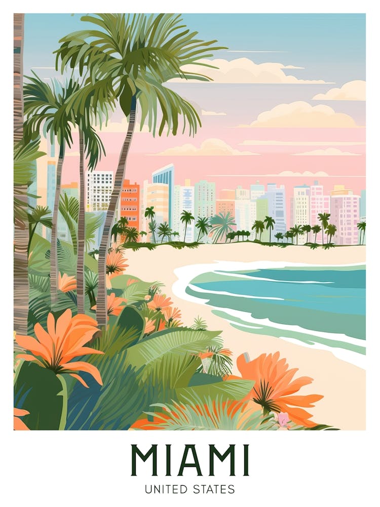 Miami, United States Maximalist Travel Poster Vibrant Colour