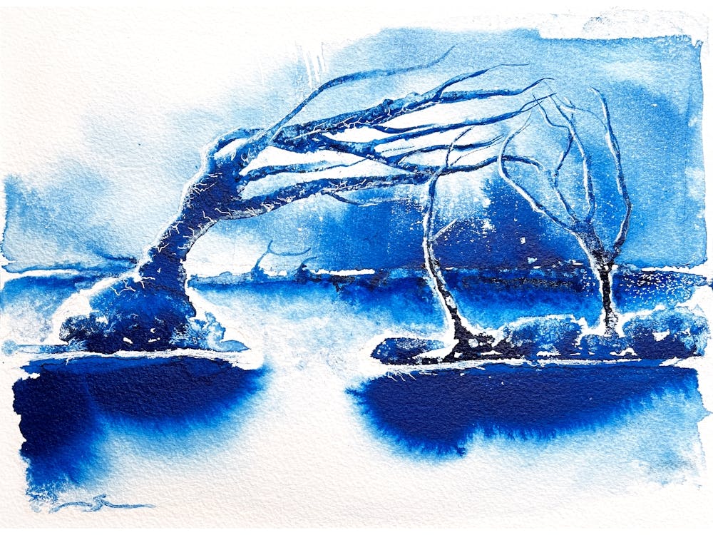 Blaue Landschaft, Flüssige Acrylfarben auf Papier