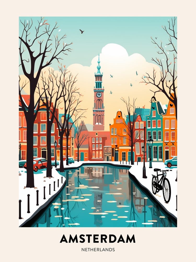 Vintage Winter Travel Poster Amsterdam Netherlands 2