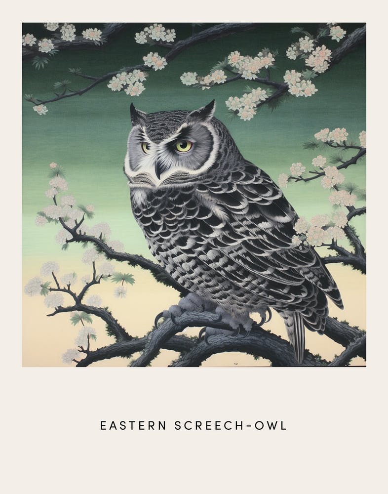 Ohara Koson Inspired Bird Painting Eastern Screech Owl 2 Poster