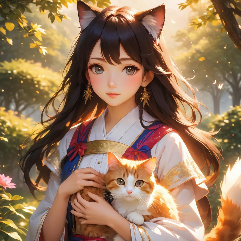 Beautiful anime girl with cat