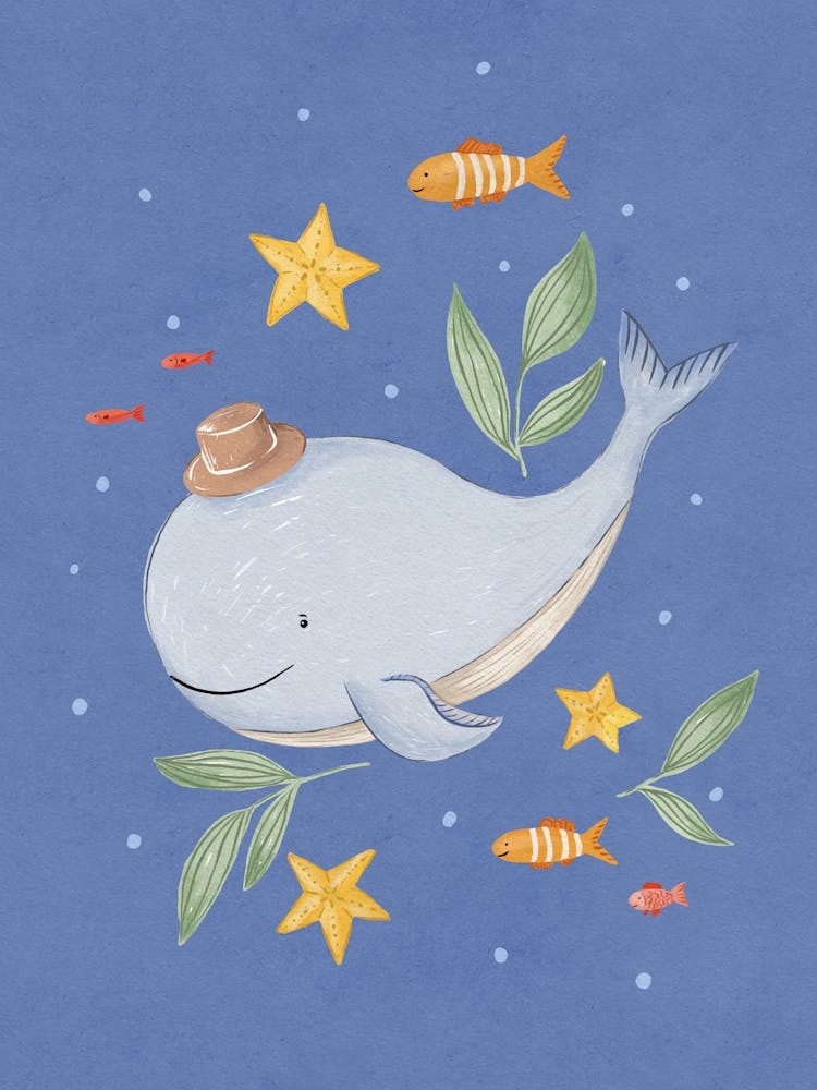 Happy while with fish & star fish with blue background