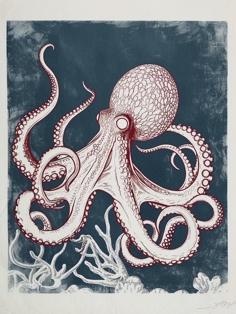 Linocut Inspired Navy Red Octopus With Coral 6