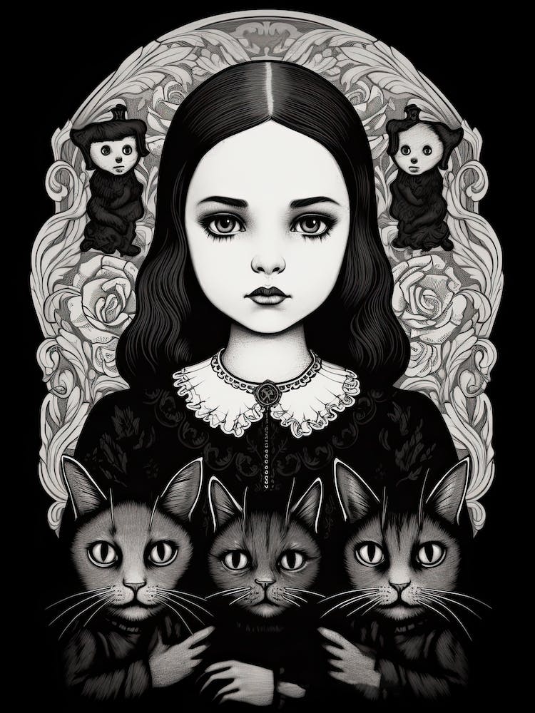 Wednesday Addams And A Cat Line Art Noveau 0 Fan Art