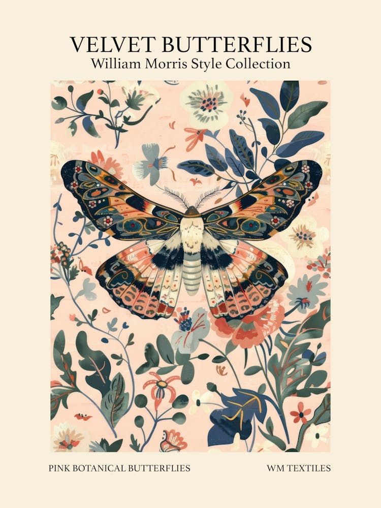 Velvet Butterflies Collection Pink Botanical Butterflies William Morris Style 1