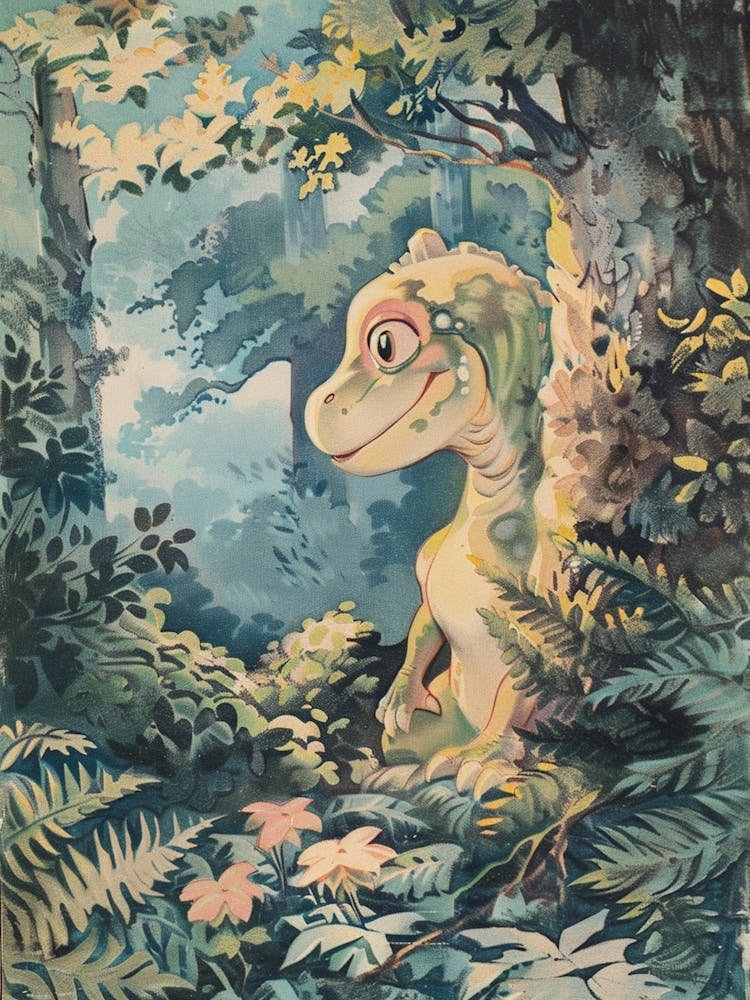 Cute Dinosaur In The Leaves Storybook Style 2