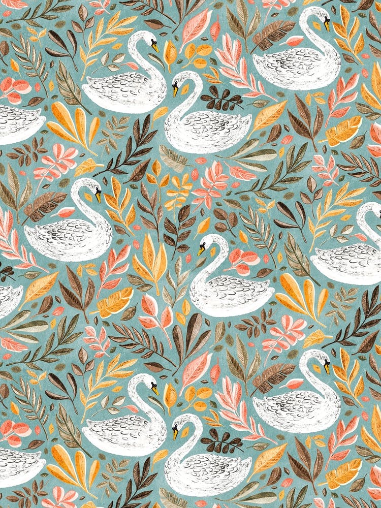 White Swans With Autumn Leaves On Sage Green
