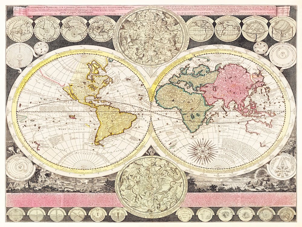 Vlakke Aard Kloot Met Het Beide Hemelsch Half Rond, Of De Onder Scheidene Verbeelding Van De Land Water Waereld (1709)