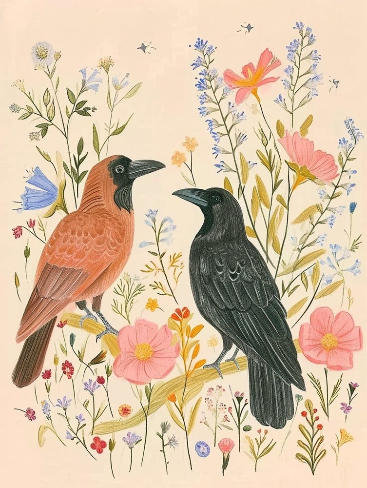 Folksy Floral Animal Drawing Raven 5