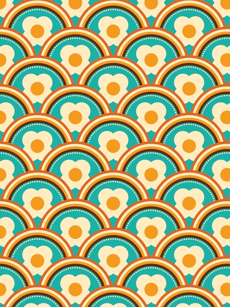 Retro Waves and Flowers, Teal and Orange