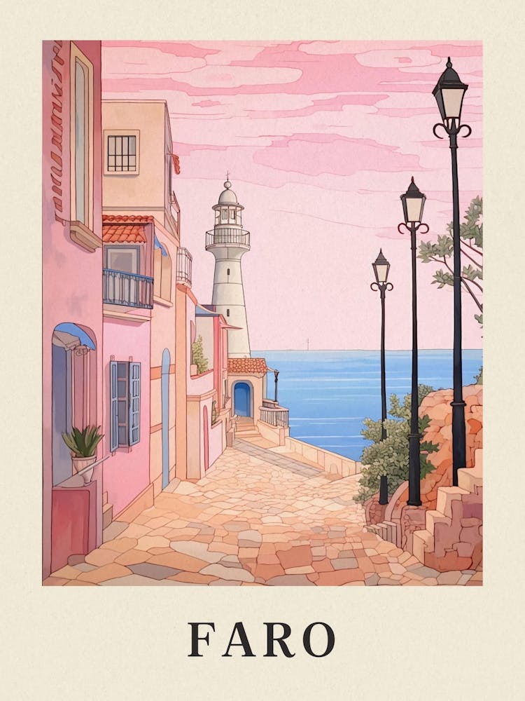 Faro Portugal 4 Vintage Pink Travel Illustration Poster