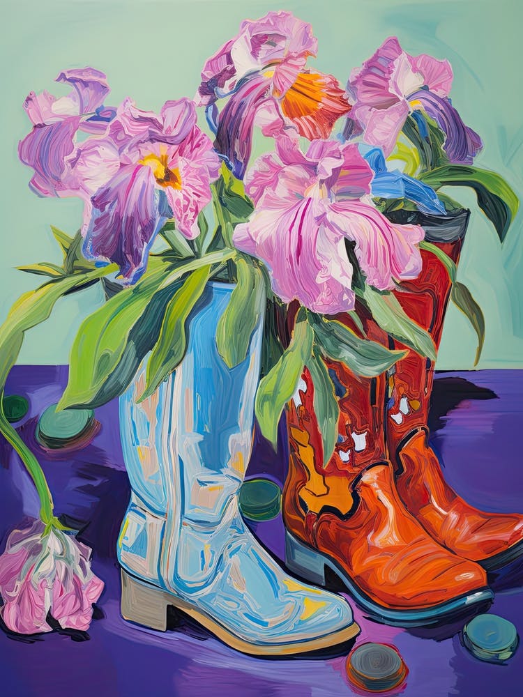 Oil Painting Of Pink And Red Flowers And Cowboy Boots, Oil Style 6