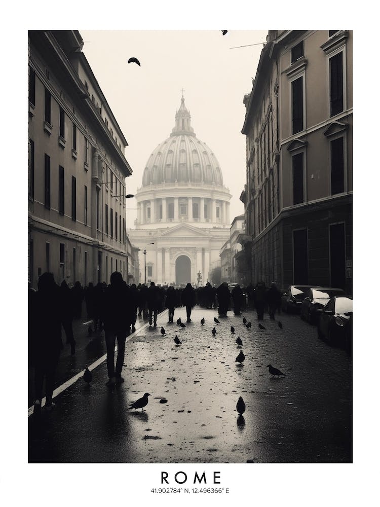 Poster Of Rome, Black And White Analogue Photograph 1