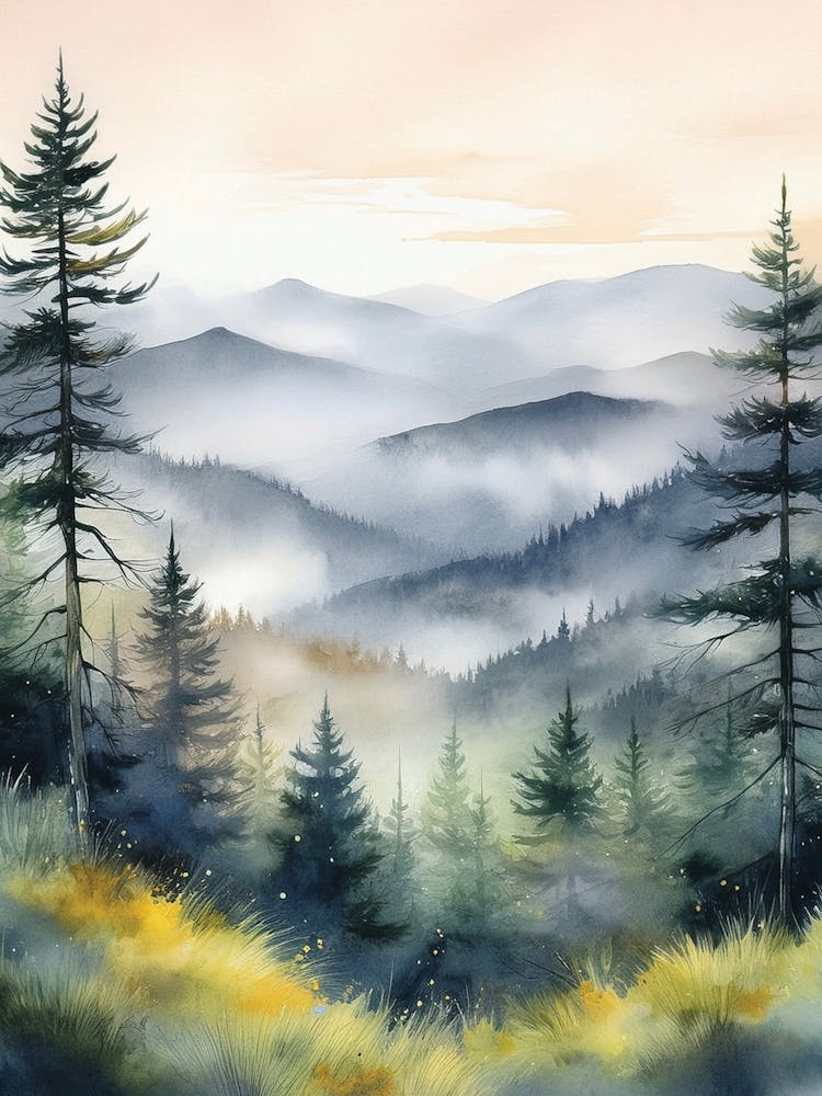 Misty Pine Trees in the Appalachian Mountains Art Painting, Appalachian Sunset, Vintage Landscape, Vintage Landscape, Rural Field Wall Art, Botanical Art Poster, Appalachian Pine Forest Prints.33
