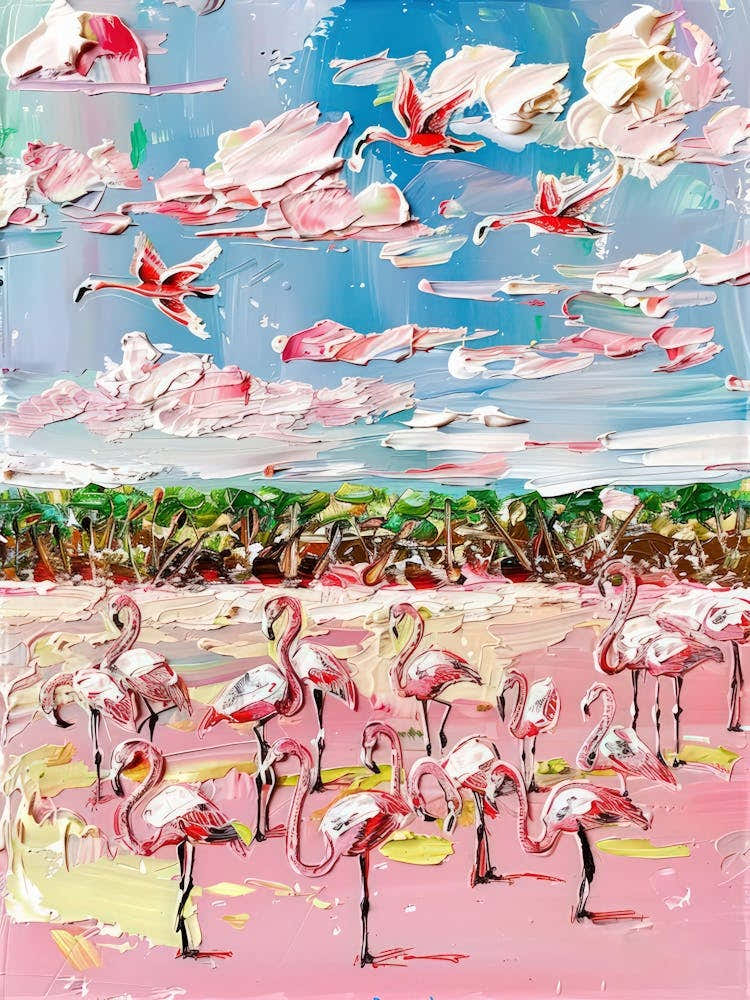 Beach Pink Flamingo Impasto Oil Painting Travel