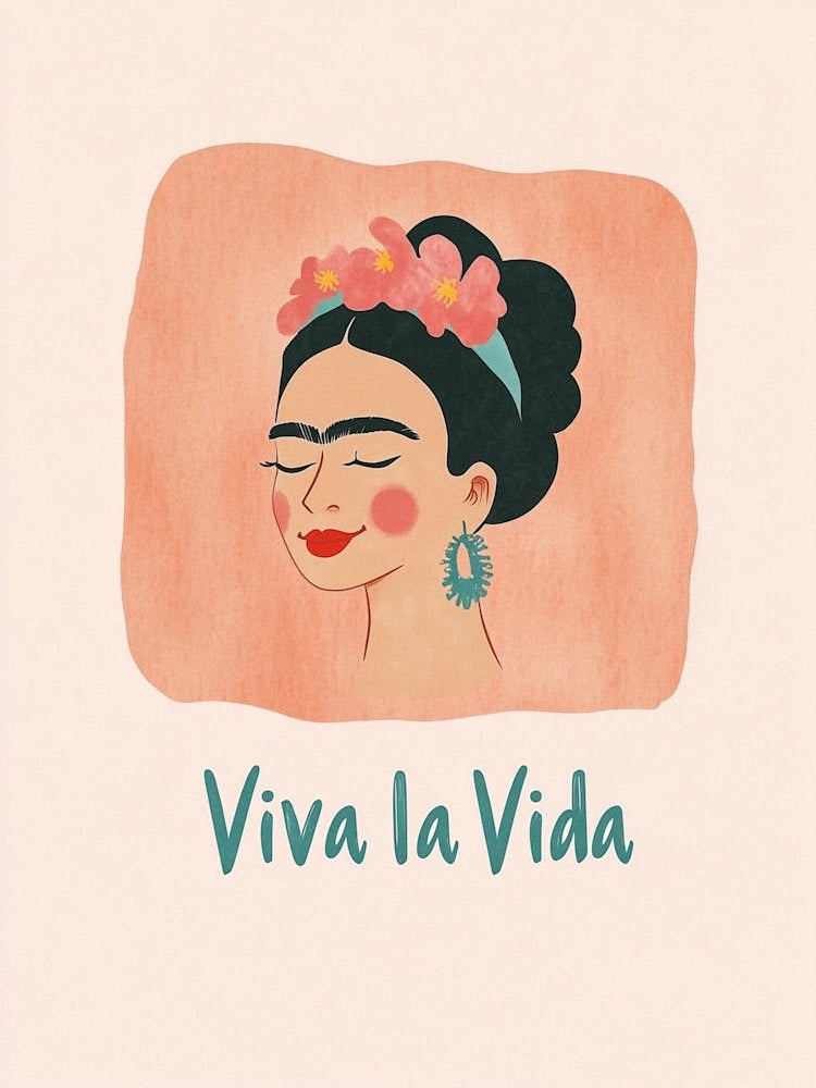 Frida Kahlo Viva La Vida Text, Pastel Portrait Illustration