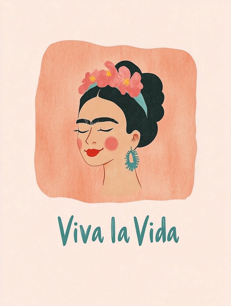 Frida Kahlo Viva La Vida Text, Pastel Portrait Illustration