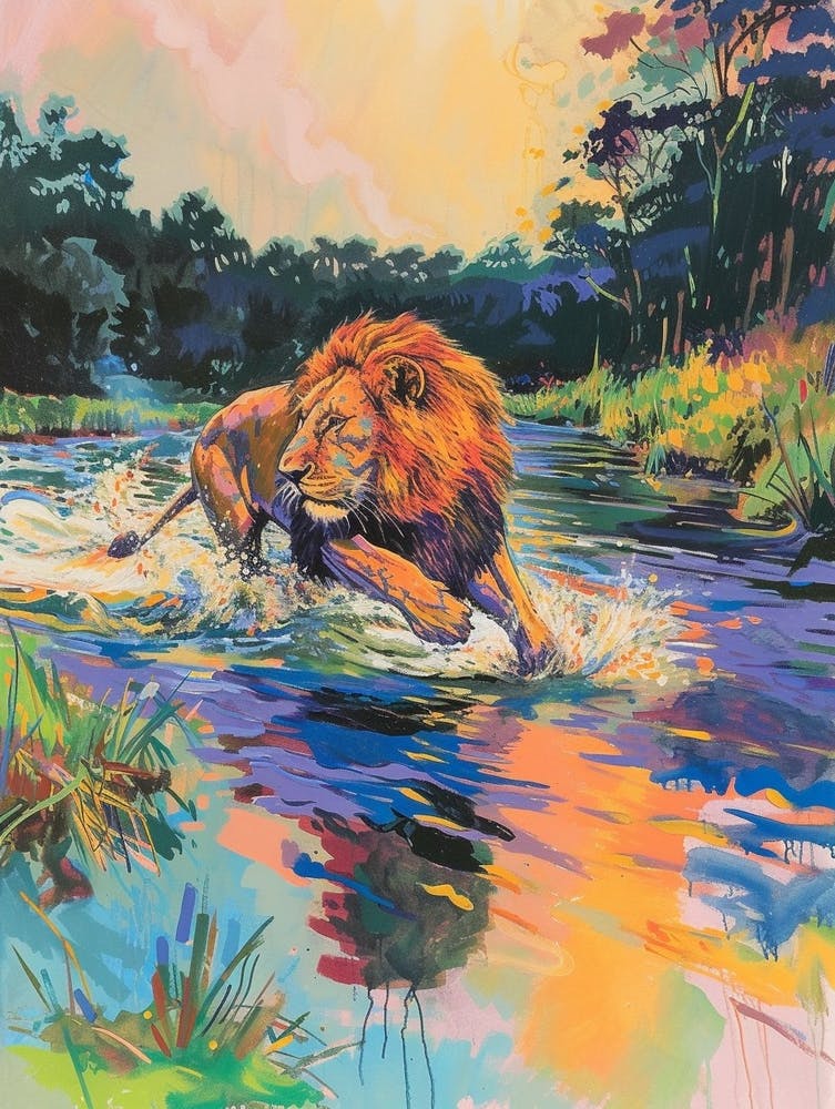 Transvaal Lion Crossing A River Fauvist Painting 2