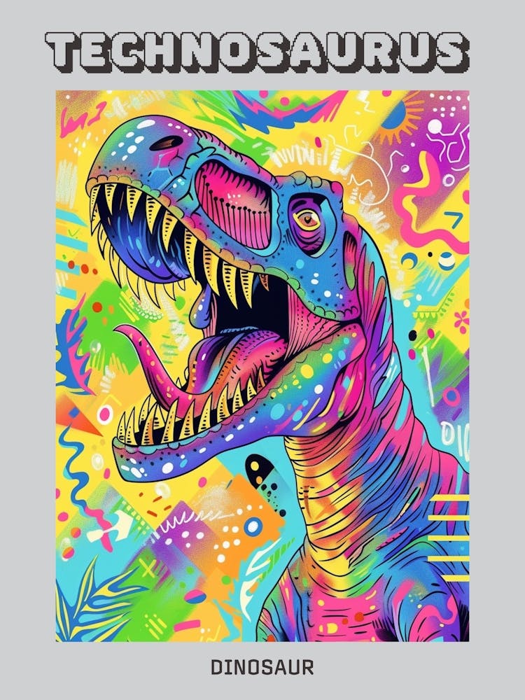 Geometric 1980s Pattern Inspired Dinosaur Poster