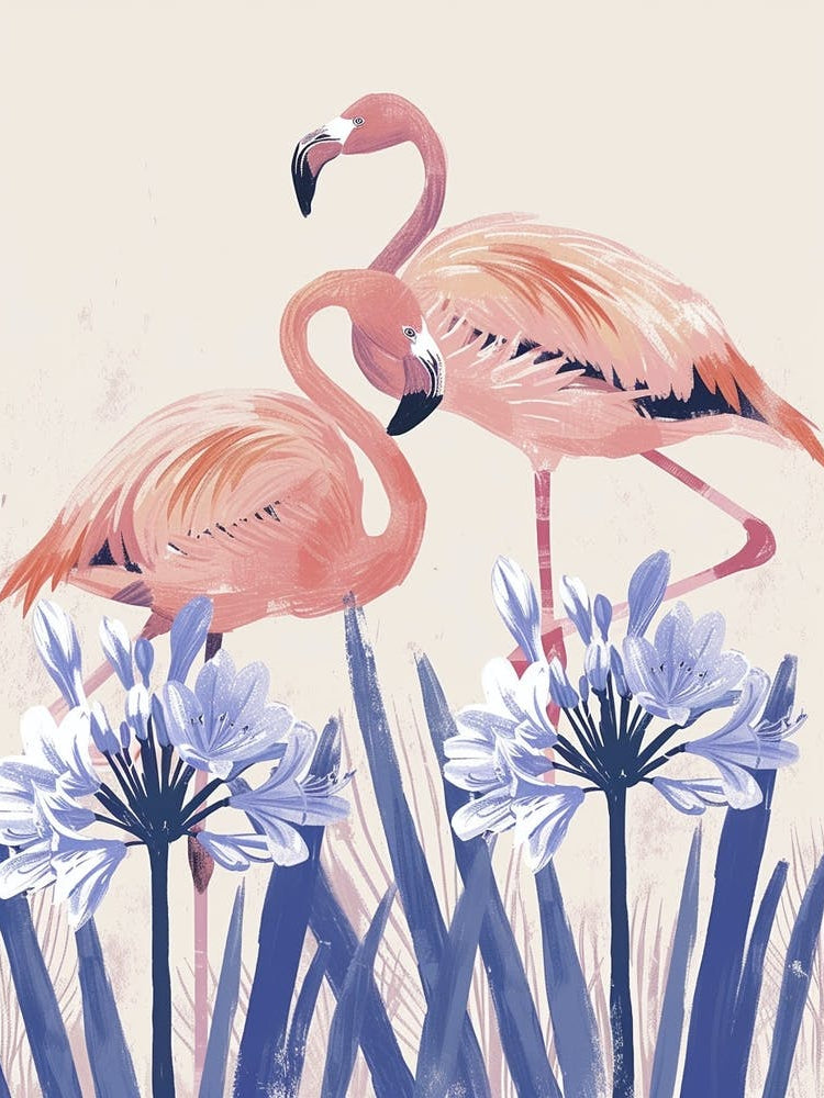 Lesser Flamingo And Agapanthus Minimalist Illustration 1