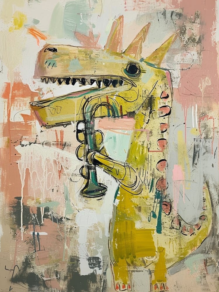 Graffiti Pastel Painting Dinosaur Playing Trumpet 1