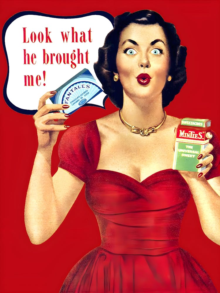 Amazed Woman In Red Dress With Sweets, Funny Vintage Advertising Poster