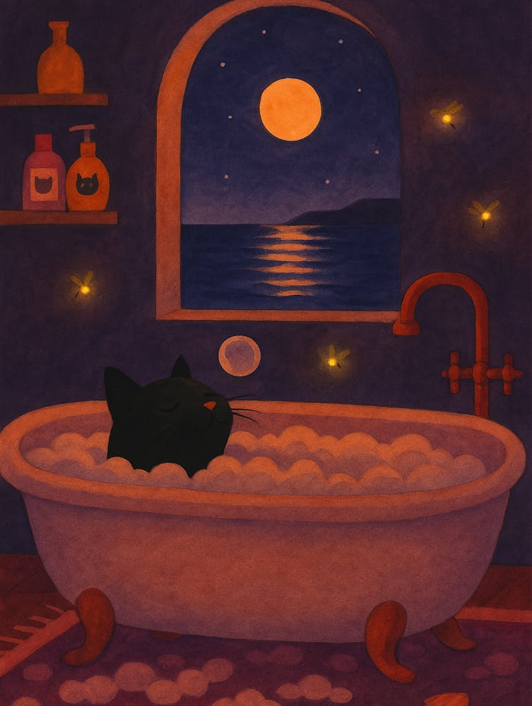 Black Cat Bathroom Poster - Witchy Cat Wall Art Relaxing in Bathtub with Moonlight