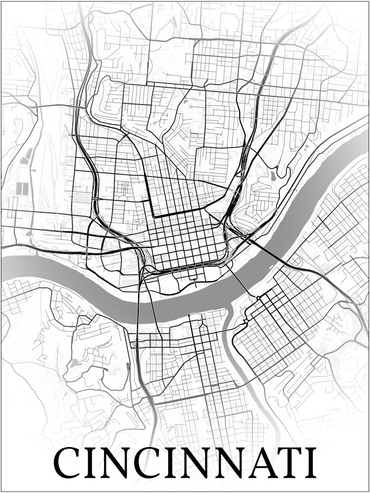 Cincinnati, Ohio, United States, City Map, Black And White Fade Design 1