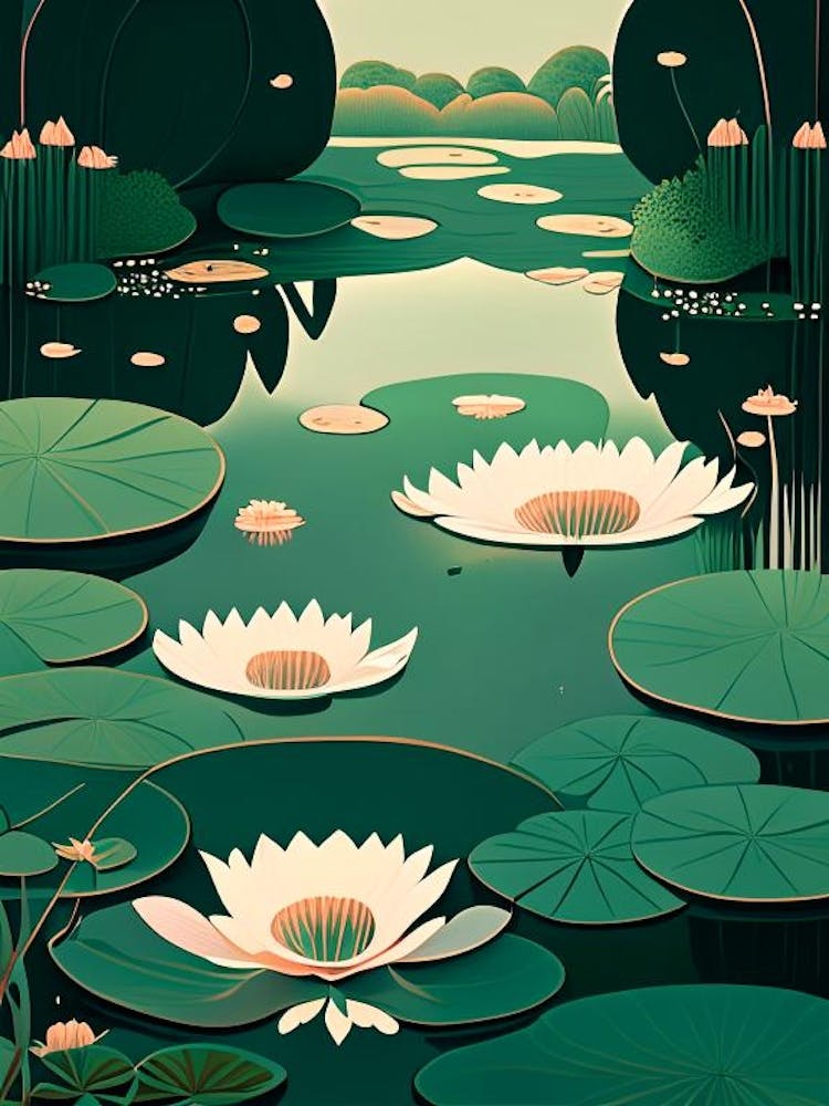 Pond With Lily Pads Water Waterscape Retro Illustration 1