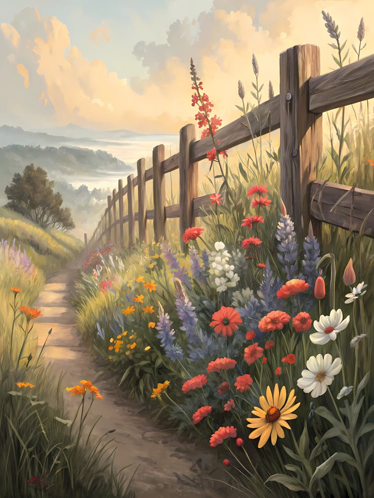Wildflowers Along a Wooden Fence Oil Painting Style