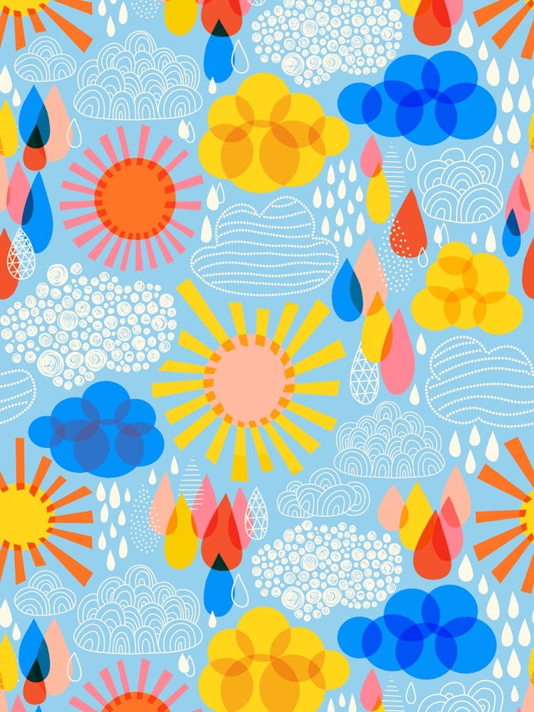 Light Blue Weather Forecast Abstract Sun, Rain, and Clouds Kids