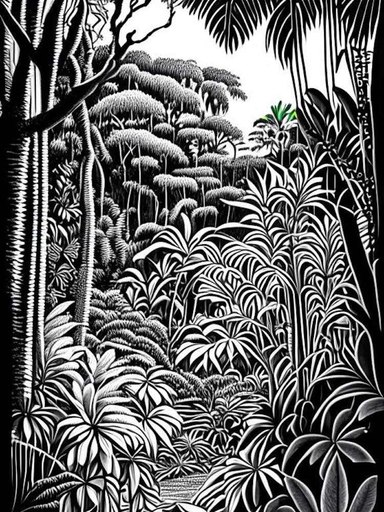 Penang Botanic Gardens, 1, Malaysia Linocut Black And White Vintage