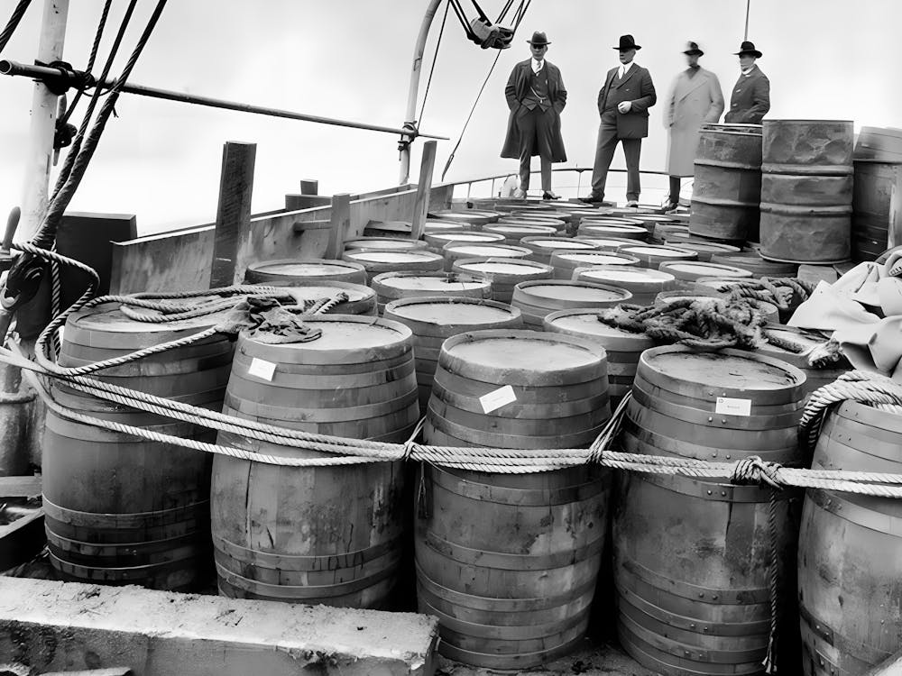 Beer Barrels on Boat, Prohibition, Vintage  Black and White Old Photo