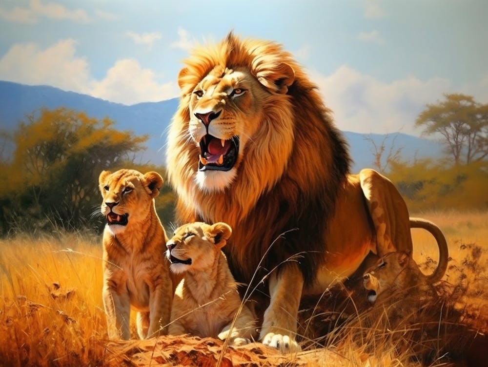 African Lion With Cubs Realism Painting 2