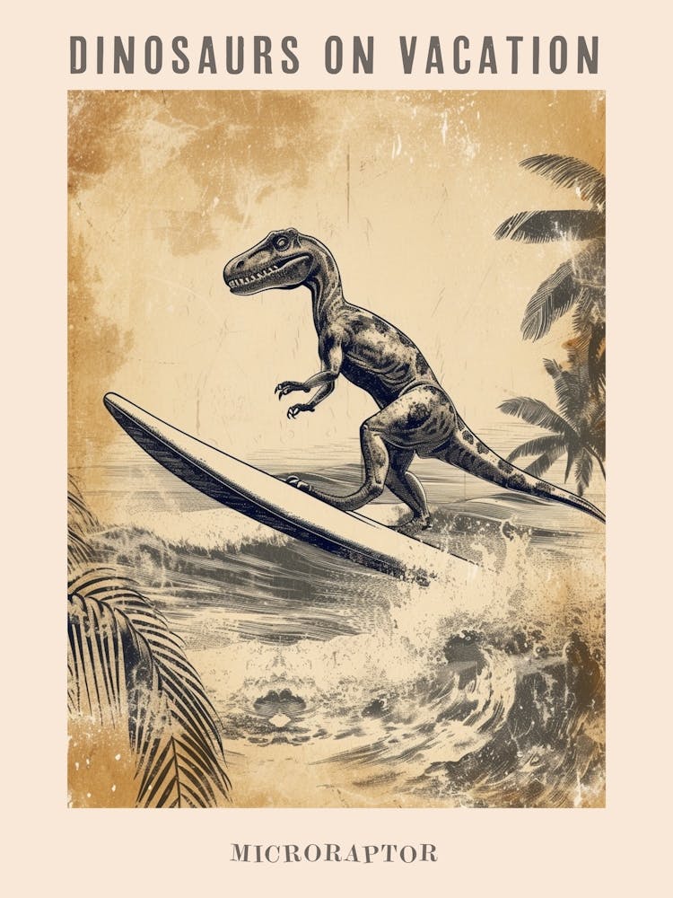 Vintage Microraptor Dinosaur On A Surf Board 1 Poster